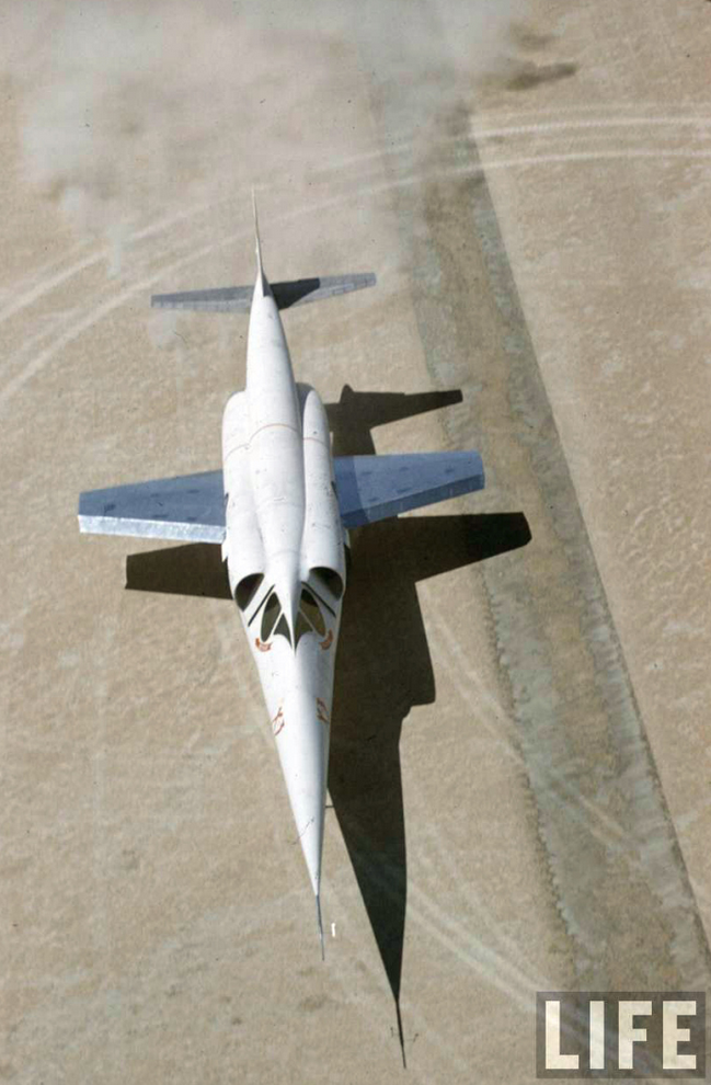 Unlike its predecessors, the Bell Aircraft Corporation's X1 and and X-2 rocketplanes, teh turbojet-powered Douglas X-3 took off under its own power. here, its two Westinghouse J37 engines are stirring up teh sand on Runway 35 at Rogers Dry Lake. (LIFE Magazine via jet Pilot Overseas)