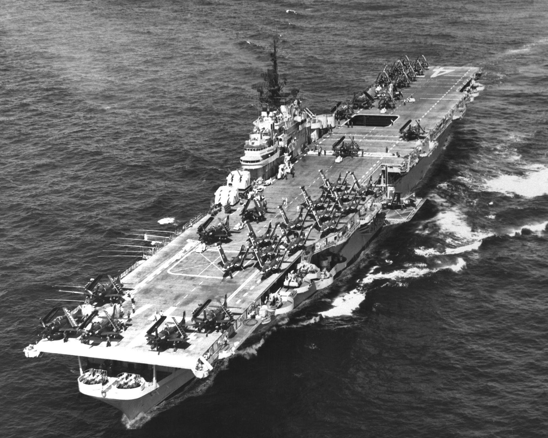 USS Phillipine Sea (CV-47) with Douglas AD Skyraiders and Grumman F9F Panthers on the flight deck, off the coast of Korea. (U.S. Navy)