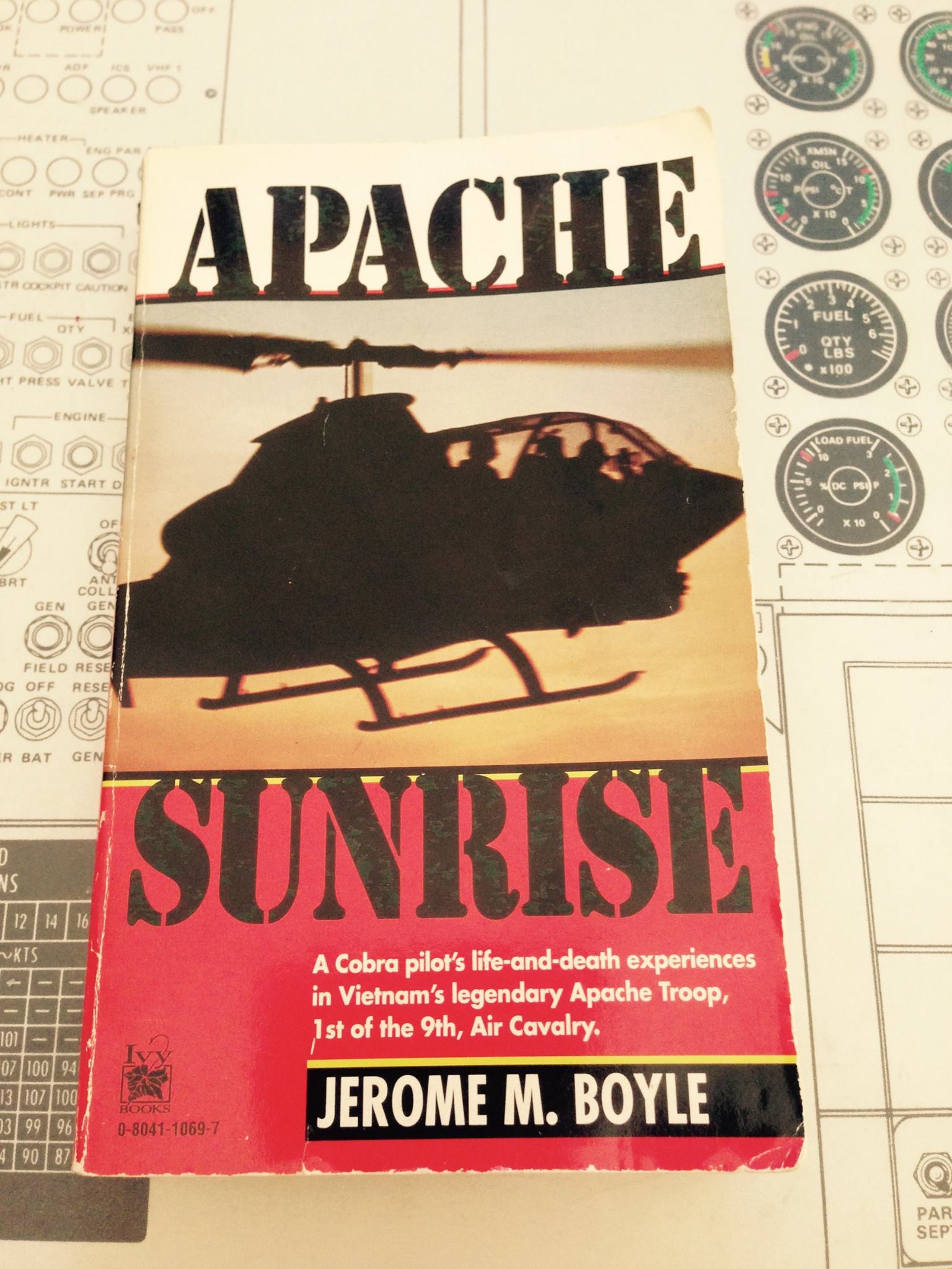 My well-worn copy of Jerry Boyle's 1994 book, APACHE SUNRISE (Ballantine Books). Jerry had planned to follow this with two sequels, "Apache Noon" and "Apache Sunset". This 259-page book is no longer in print, but Amazon.com, this morning, lists "1 New" for $131.02. "Apache" refers to Troop A, 1/9 Air Cav, a unit in which Jerry served. Later, as a civilian pilot, Jerry flew helitack missions with a "hot shot" crew of Apache firefighters from the San Carlos Apache Reservation in Arizona. Jerry wrote that they "taught me the true meaning of 'Apache'."