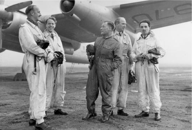 Rolls-Royce test pilots (left to right) Wing Commander John Harvey Heyworth, AFC; Squadron Leader Alexander James Heyworth, DFC and Bar, FRAeS; Captain Ronald Thomas Shepherd, OBE; Wing Commander Andrew McDowall, DSO, AFC, DFM; and Herbert Clifford Rogers, OBE, DFC; with Merlin 632/ Avon-powered Avro Lancastrian C.2 VL970, circa 1949. Each one of these men served as Chief Test Pilot for Rolls-Royce. (Rolls-Royce)