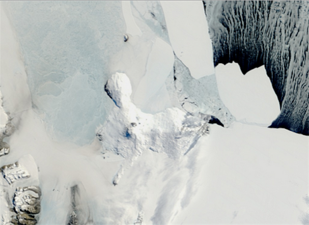 Satellite image of Ross Island. McMurdo Station is at the tip of the narrow peninsula in the lower left quadrant. (NASA) 