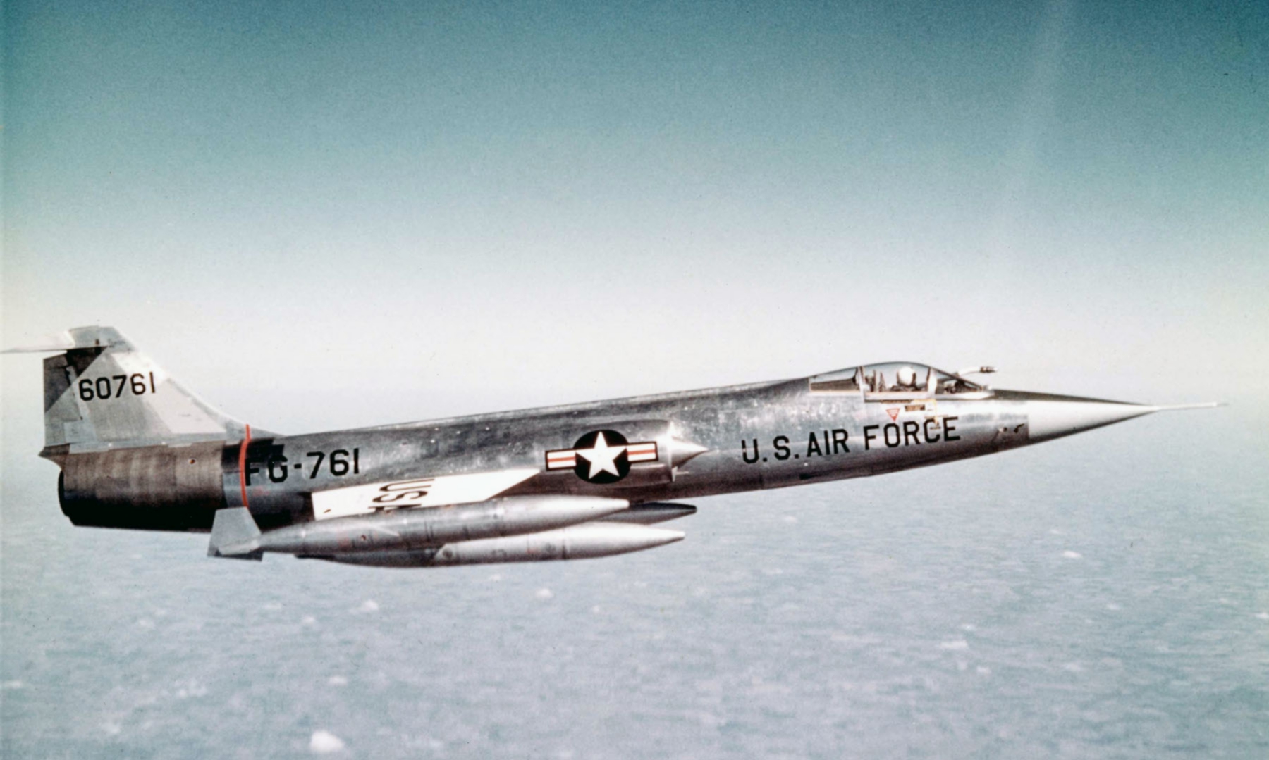 The same type aircraft as that flown by Einar K. Enevoldson, this is a Lockheed F-104A-10-LO Starfighter, 56-761. It is carrying both wingtip and underwing fuel tanks. (U.S. Air Force)