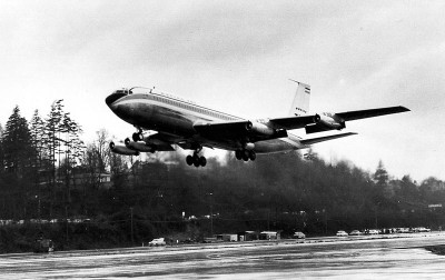 Boeing 707-121 N708PA makes its first takeoff at 12:30 p.m., on a rainy afternoon, 20 December 1957. (Unattributed)