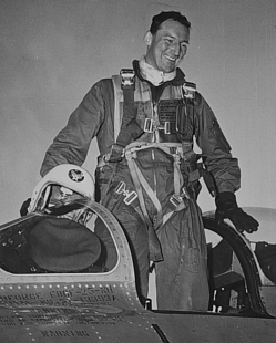 Colonel Willard W. Millikan, U.S. Air Force, in the cockpit of his F-86F Sabre, "Minuteman." (Unattributed)