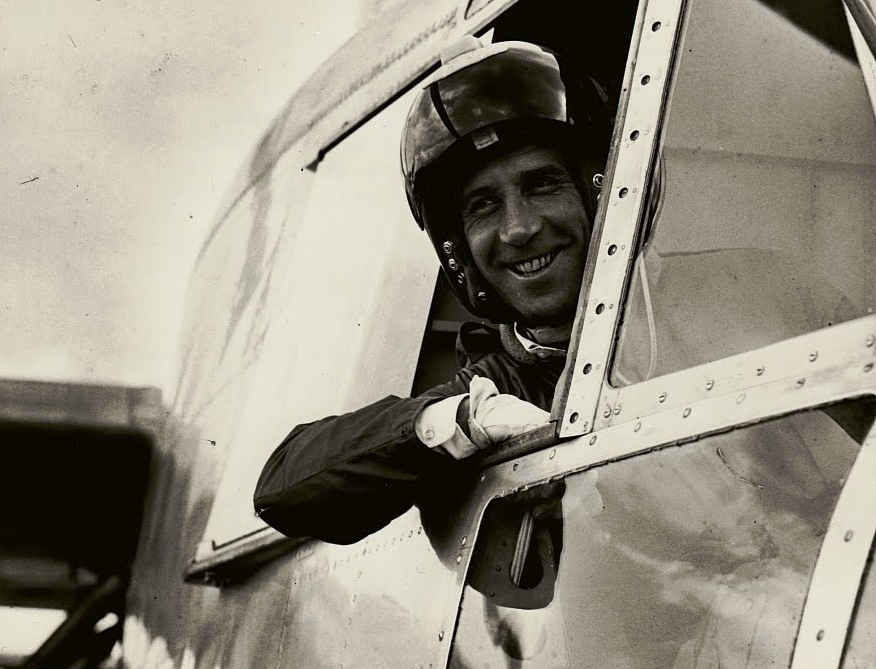 Squadron Leader Wilfred Ronald Gellatly, AFC, leans out of teh cockpit after teh first flight of Fairey Rotodyne XE521, 6 November 1957. (Photograph courtesy of Neil Corbett, Test and Research Pilots, Flight Test Engineers)