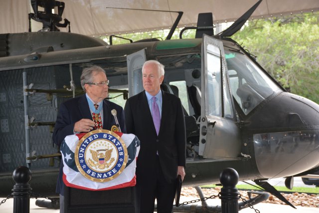 Major General Patrick Henry Brady, U.S. Army (retired) with Senator John Cornyn of Texas, as they announce The Dust Off Crews of the Vietnam War Congressional Gold Medal Act, at Fort Sam Houston, Texas, 11 November 2015. (U.S Army)