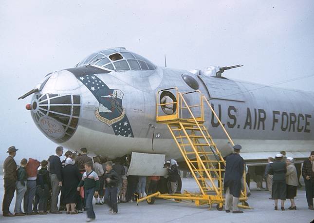 In this photograph, two of the B-36's retractable gun turrets are visibile behind the cockpit, as well as the nose gun turret. (Unattributed)