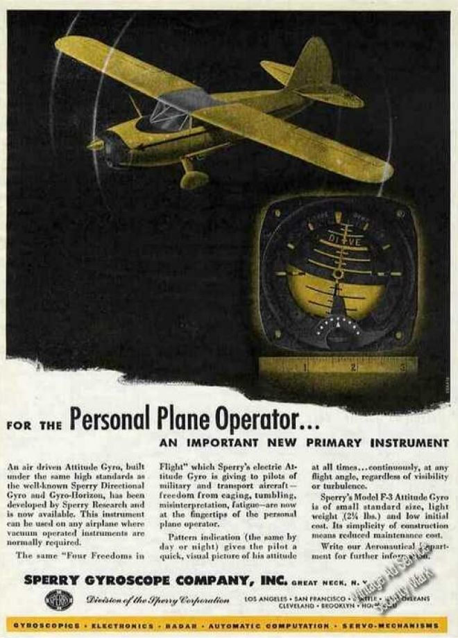 This magazine advertisement depicts the Sperry F-3 Attitude Gyro. (Vintage Ad Service)