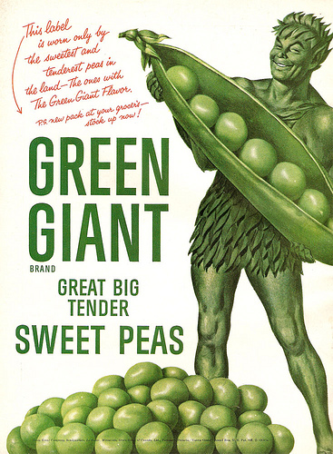 Beginning in 1928, an American food company began using a cartoon figure to advertise its "Green Giant" brand of canned peas. Eventually the mascot represented The Green Giant Company's other canned and frozen vegetables. The character is now owned by General Mills.