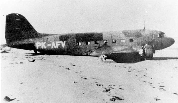 KNILM Douglas DC-3 PK-AFV derelict on a beach north of Broome, Western Australia.