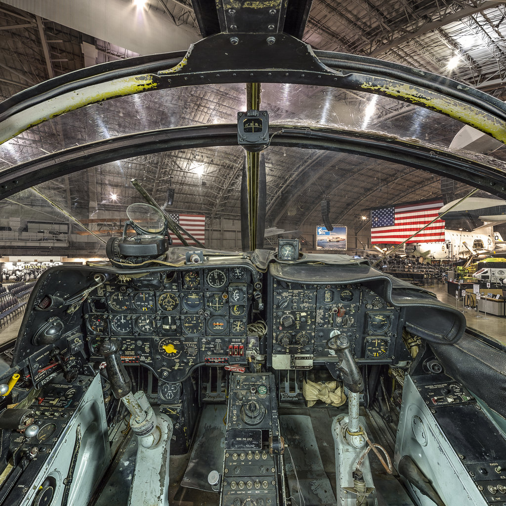 The side-by-side cockpit arrangement of Bernard Fisher's Douglas A-1E Skyraider, on display at the National Museum of the United States Air Force. (NMUSAF)