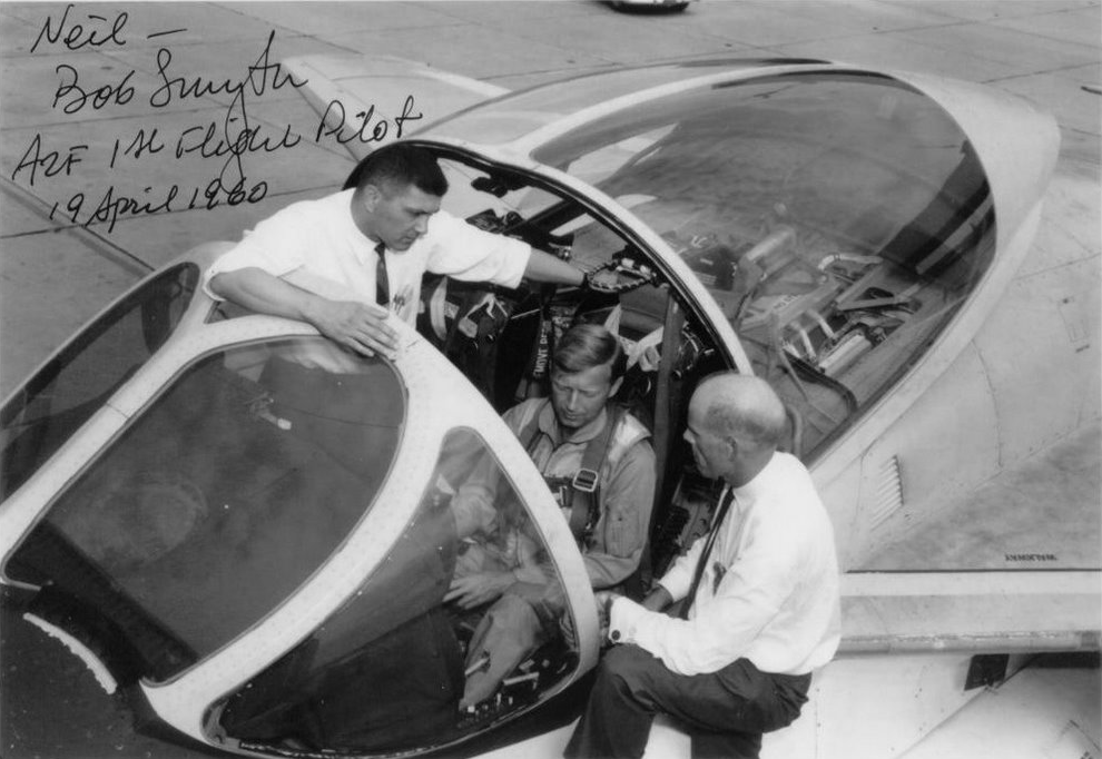 Grumman test pilot Robert K. Smyth in the cockpit of the YA2F-1 prototype, Bu. No. 147864, 29 April 1960. With Program manager Bruce Tuttle and VP Larry Mead. (Photograph courtesy of Neil Corbett, Test and Research Pilots, Flight Test Engineers)