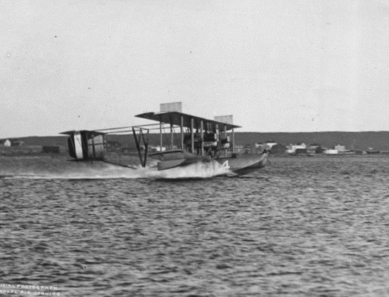 NC-4 departs Trepassey Bay, Newfoundland, 16 May 1919. (U.S. Navy)