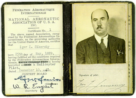 On behalf of the Fédération Aéronautique Internationale, the National Aeronautic Association of the United States issued Helicopter Pilot Certificate No. 1 to Igor I. Sikorsky, 10 December 1940. (Sikorsky Historical Archives) 