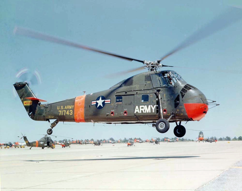 Sikorsky H-34A-SI Choctaw (S-58) 57-1743 hovers in ground effect. Later registered as a civilian aircraft, N47246). (U.S. Army)
