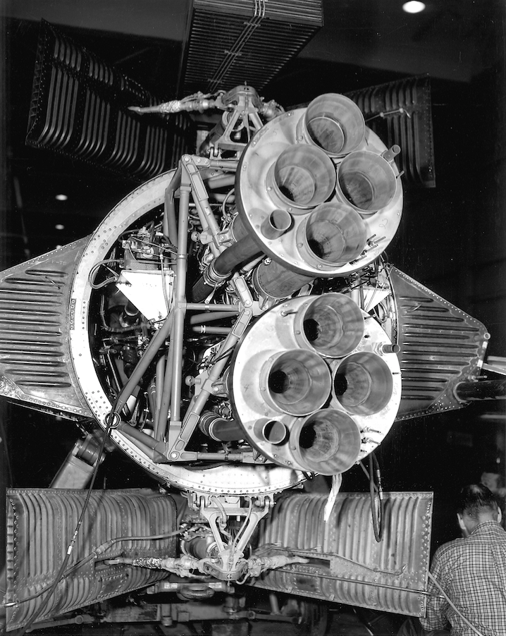 Two Reaction Motors Division XLR11-RM-5 four-chamber rocket engines installed on an X-15. (NASA) 