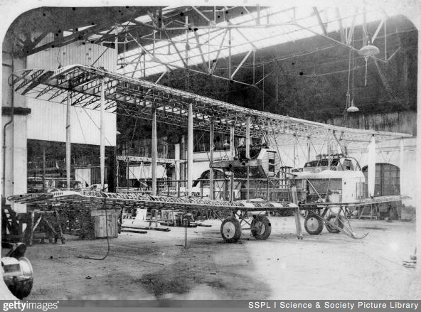 "Vickers imt, 1919. Alcock & Browns tranatlantic aircraft crossed teh Atlantic between St. John's, Newfoundland and Clifden, Ireland between 14 an 15 June, 1919. The aircraft in the Vickers factory at Weybridge." (Getty Images/Science & Society Picture Library)