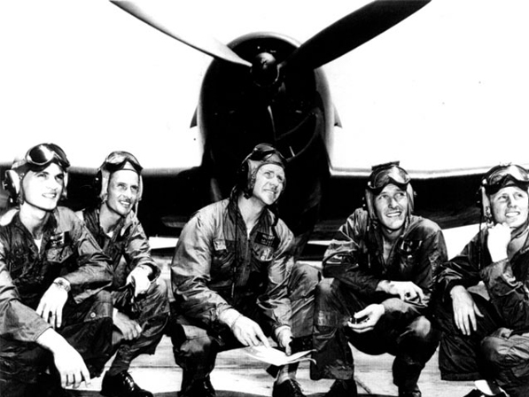The pilots of the Navy Flight Demonstartion Team with one of their Grumman F6F-5 Wildcat fighters. (Butch Voris Collection)