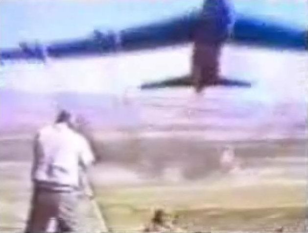 Lieutenant Colonel Bud Holland makes a very low pass with a B-52 Stratofortress at the Yakima bombing range. (U.S. Air Force)