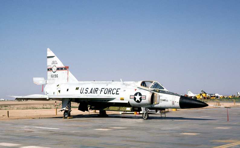 The Bendix Trophy-winning Convair F-102A Delta Dagger, 56-1196, in storage at The Boneyard. The interceptor is wearing the markings of the South Carolina Air National Guard.