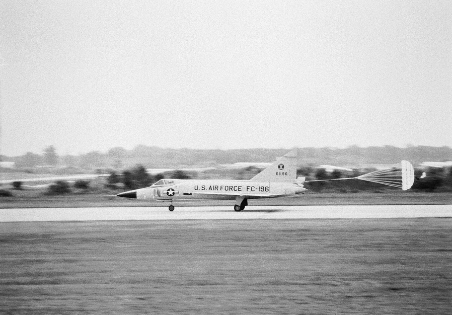 Cnvair F-102A-65-CO Delta Dagger 56-1196 with its drogue 'chute deployed on landing at Andrews Air Force Base, 28 July 1957. (From the Collection of Johan Ragay)