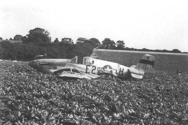 Wreck of North American Aviation P-51B-15-NA 42-106881, Suzy G, in a farm field, Essex England. (U.S. Air Force)