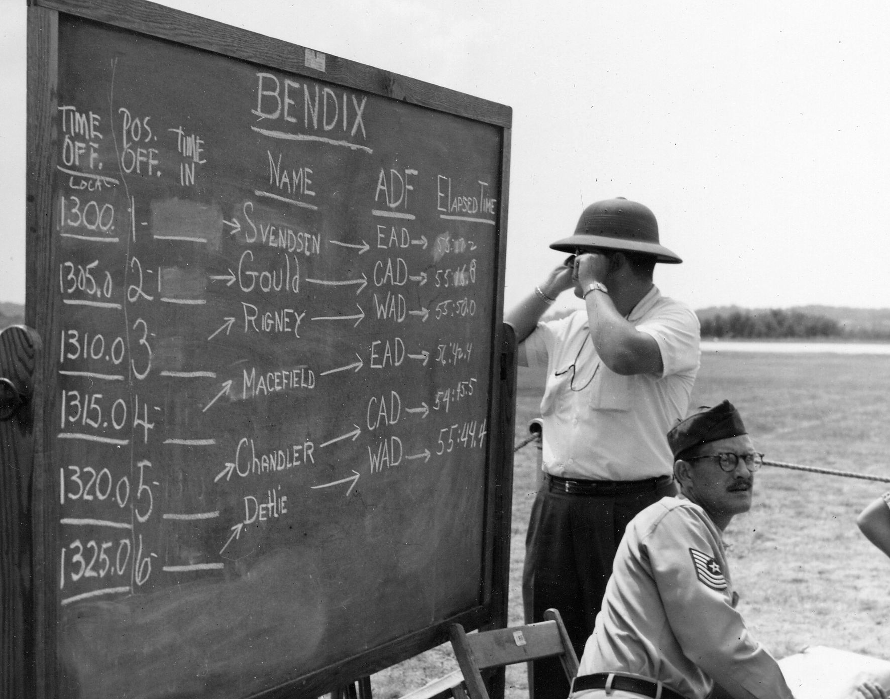 The tally board shows the departure times and elapsed times of each pilot. Chandler is number five. (Jet Pilot Overseas)