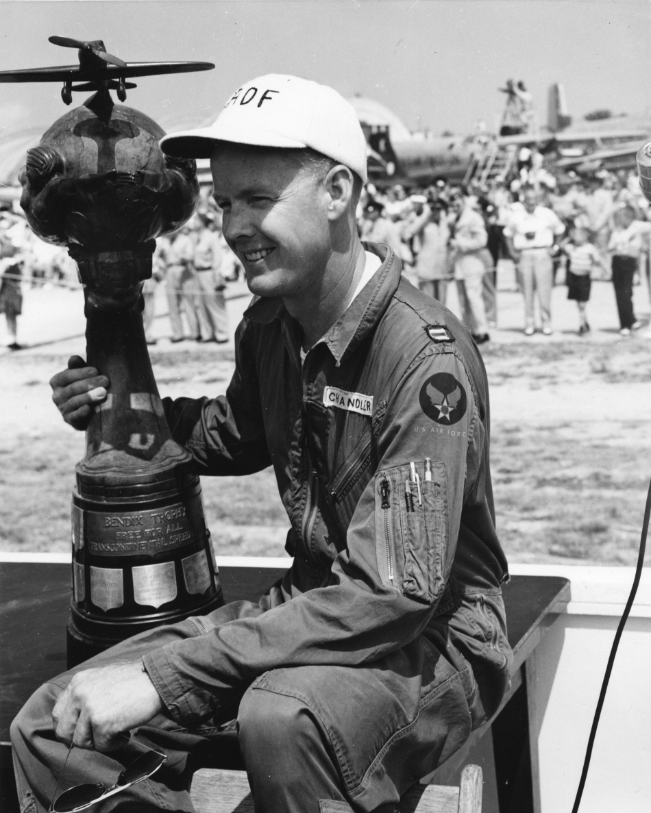 Captain Kenneth D. Chandler, United States Air Force, with the Bendix Trophy. (Jet Pilot Overseas)