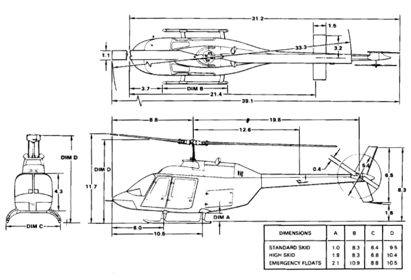 Three view drawing of the Bell Model 206A/B JetRanger with dimensions. (Bell Helicopter TEXTRON)