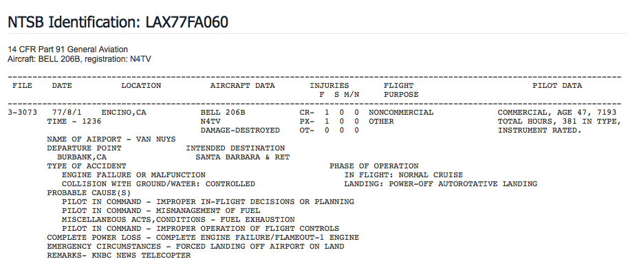 Abstract of NTSB Report LAX77FA060. (National Transportation Safety Board)