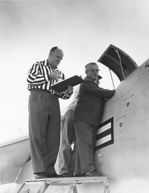 National Aeronautics Association officials check timers after Commander Windsor's speed record flight. (Vought Aircraft Heritage Foundation via Voughtworks)