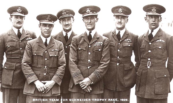Pilots of the 1929 British Schneider Cup Race team, left to right: Flying Officer H.R.D. Waghorn, race winner; Flying Officer T.H. Moon, Technical Officer; Flight Lieutenant D. D'Arcy A. Grieg; Squadron Leader Augustus Henry Orlebar, A.F.C., Flight Commander; Flight Lieutenant George Hedley Stainforth; Flying Officer Richard Llewellyn Roger Atcherley.' Several of these officers would rise to the rank of Air Vice Marshal.(Royal Air Force)