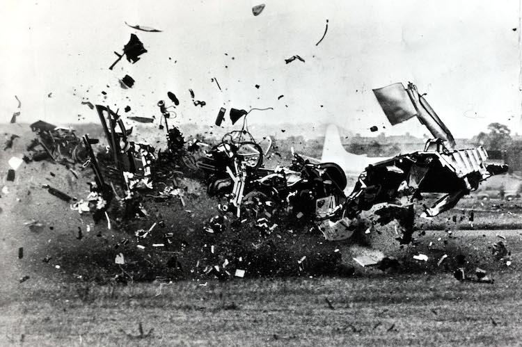 John Derry's crash, as his D,H,plane hits the ground after breaking the sound barrier in flight, Farnborough air display, 1952 (Photo by Bentley Archive/Popperfoto/Getty Images)
