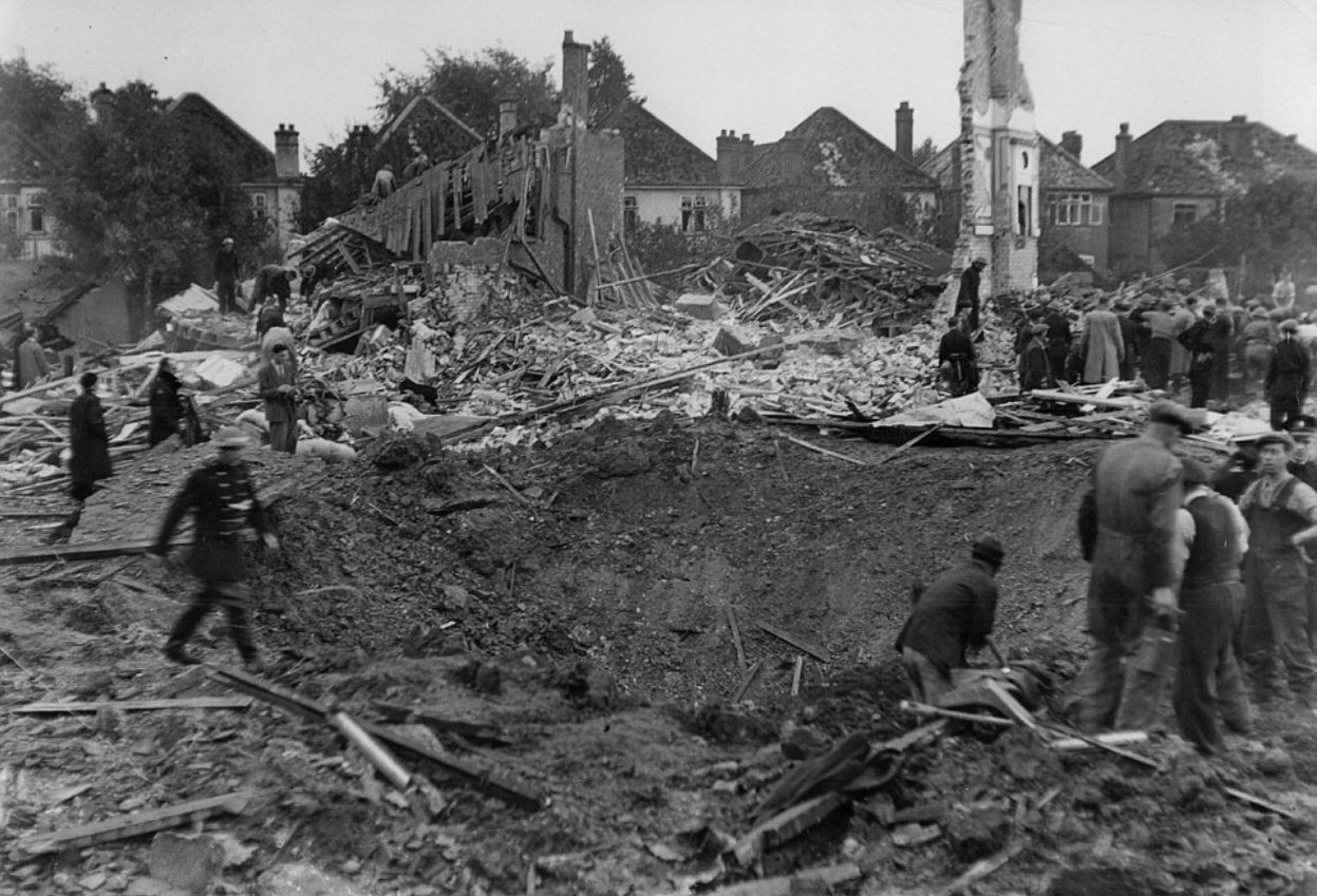 V-2 crater at Staveley Road, 8 September 1944. (Daily Mail)