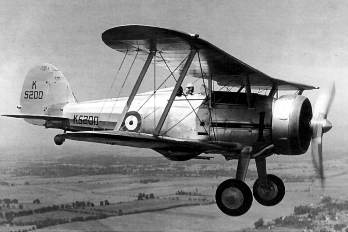 Prototype Gloster Gladiator in flight, now marked K5200.