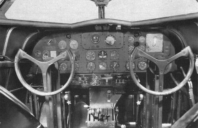 The Boeing Model 247 instrument panel used gyroscopic-stabilized instruments for instrument flight. (Unattributed)