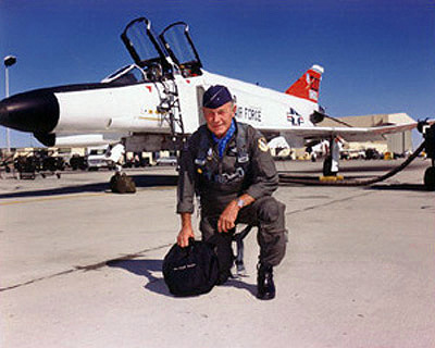 Brigadier General Charles E. Yeager, USAF, made his last flight as an active duty Air Force officer aboard a McDonnell Douglas F-4E Phantom II at Edwards Air Force Base, California, 25 February 1975. (U.S. Air Force)