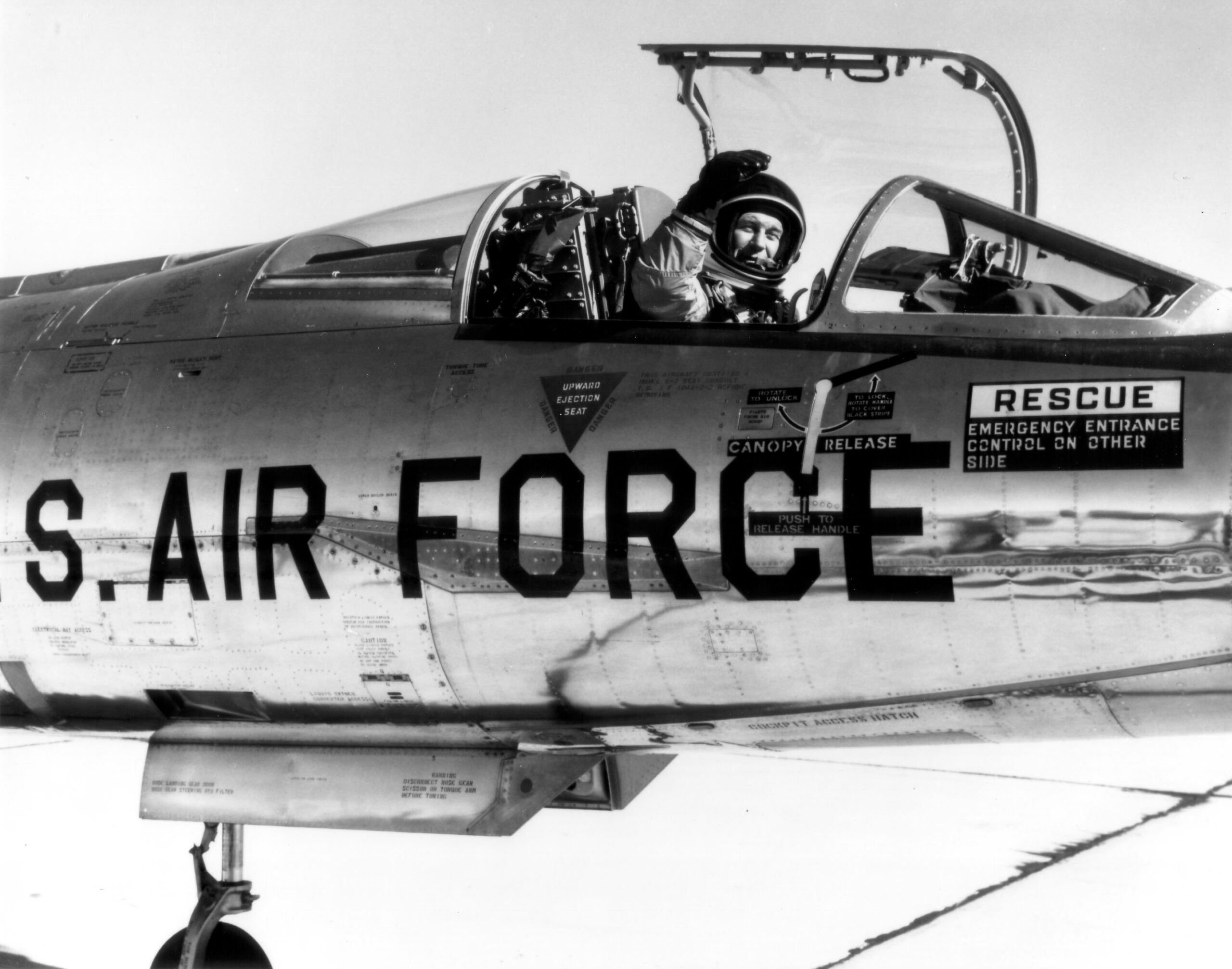 Colonel Charles E. Yeager, U.S. Air Force, in the cockpit of a Lockheed NF-104A Aerospace Trainer, at Edwards Air Force Base, California, 1963. (U.S. Air Force)