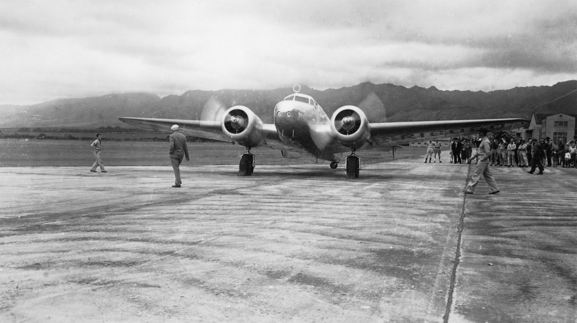 Amelia Earhart's Lockheed Electra 10E Special, NR16020, with engines running at Wheeler Field, prior to repositioning to Luke Field, 19 March 1937. (Hawaii’s Aviation History, http://hawaii.gov/hawaiiaviation )