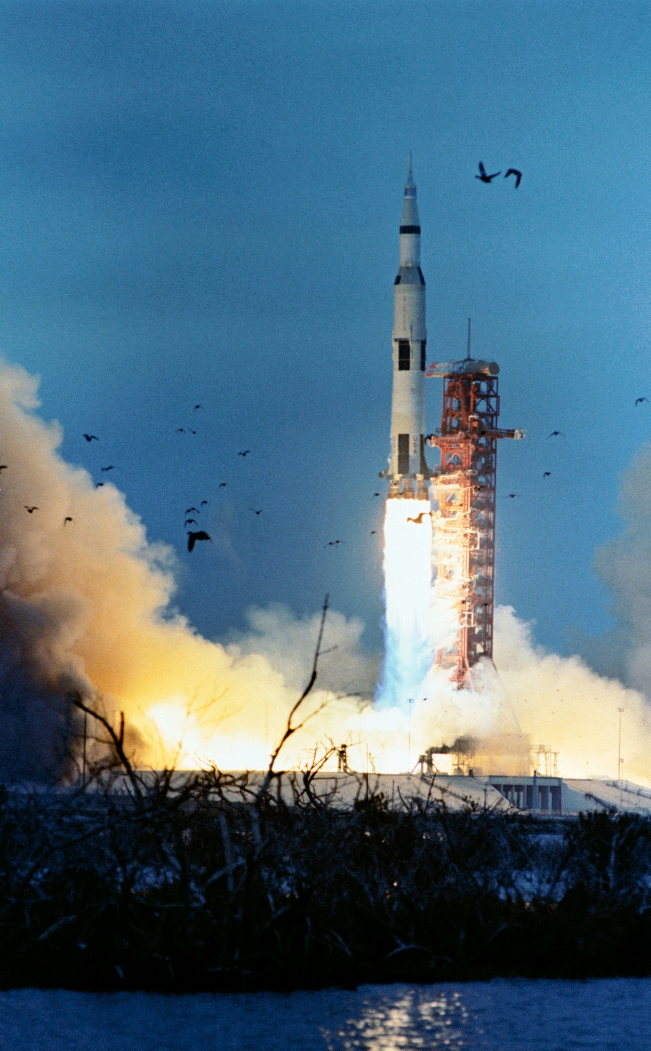 Apollo 9 launches from Pad 39A, at 11:00:00 a.m., EST, 3 March 1969. (NASA)