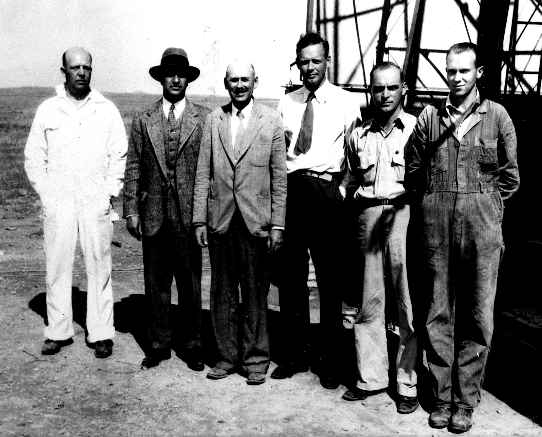 This photograph, taken at the launch site, shows Dr. Goddard with his supporters and his assistants. Left to Right: Albert Kisk, Harry F. Guggenheim, Dr. Goddard, Charles A. Lindbergh, Nils T. Ljungquist and Charles Mansur. (U.S. Air Force)