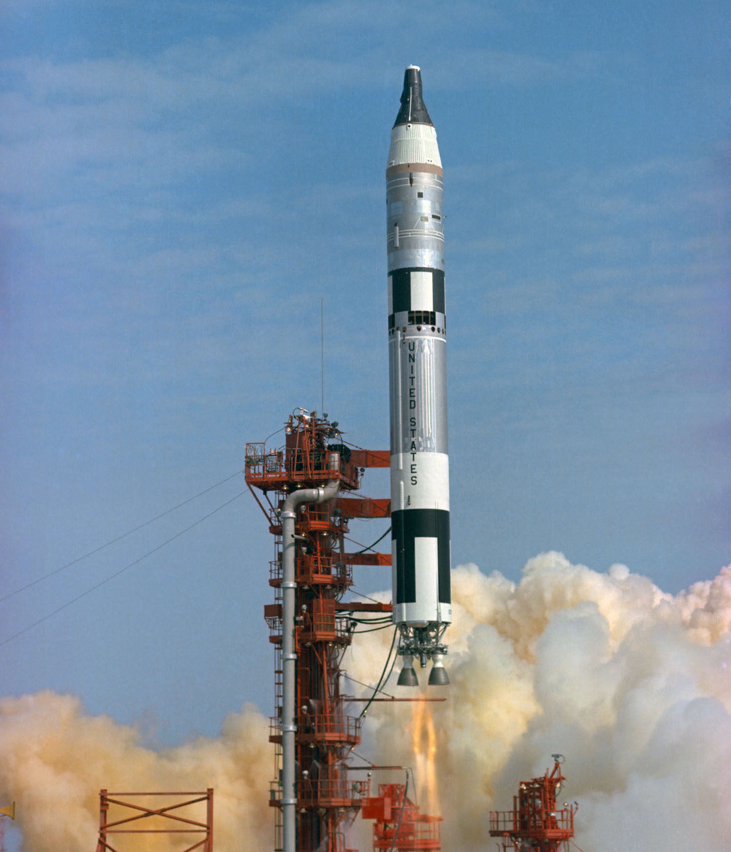Gemini III lifts off at Launch Complex 19, Kennedy Space Center, Cape Canaveral, Florida, 14:24:00 UTC, 23 March 1965. (NASA)