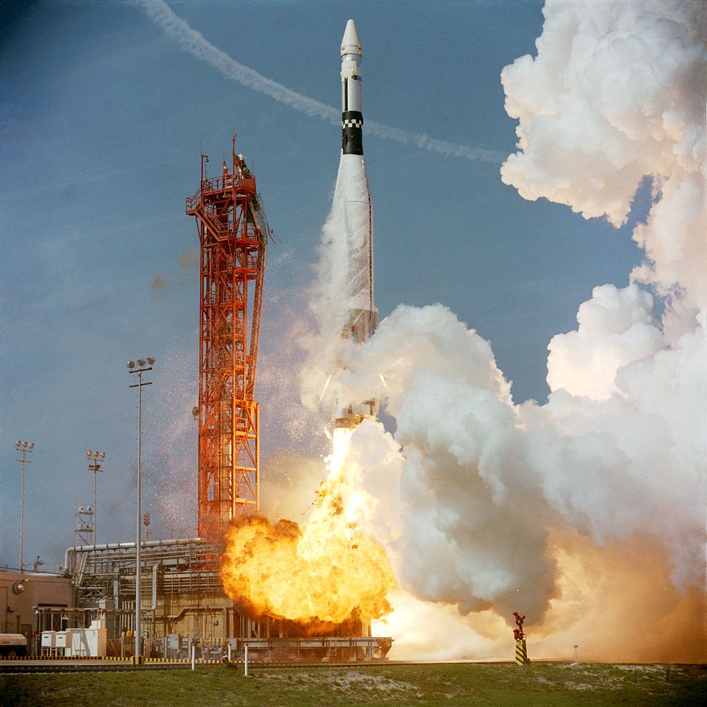The Atlas-Agena Target vehicle takes off at Launch Complex 14, 17:00:00 UTC, 16 March 1966. (NASA)