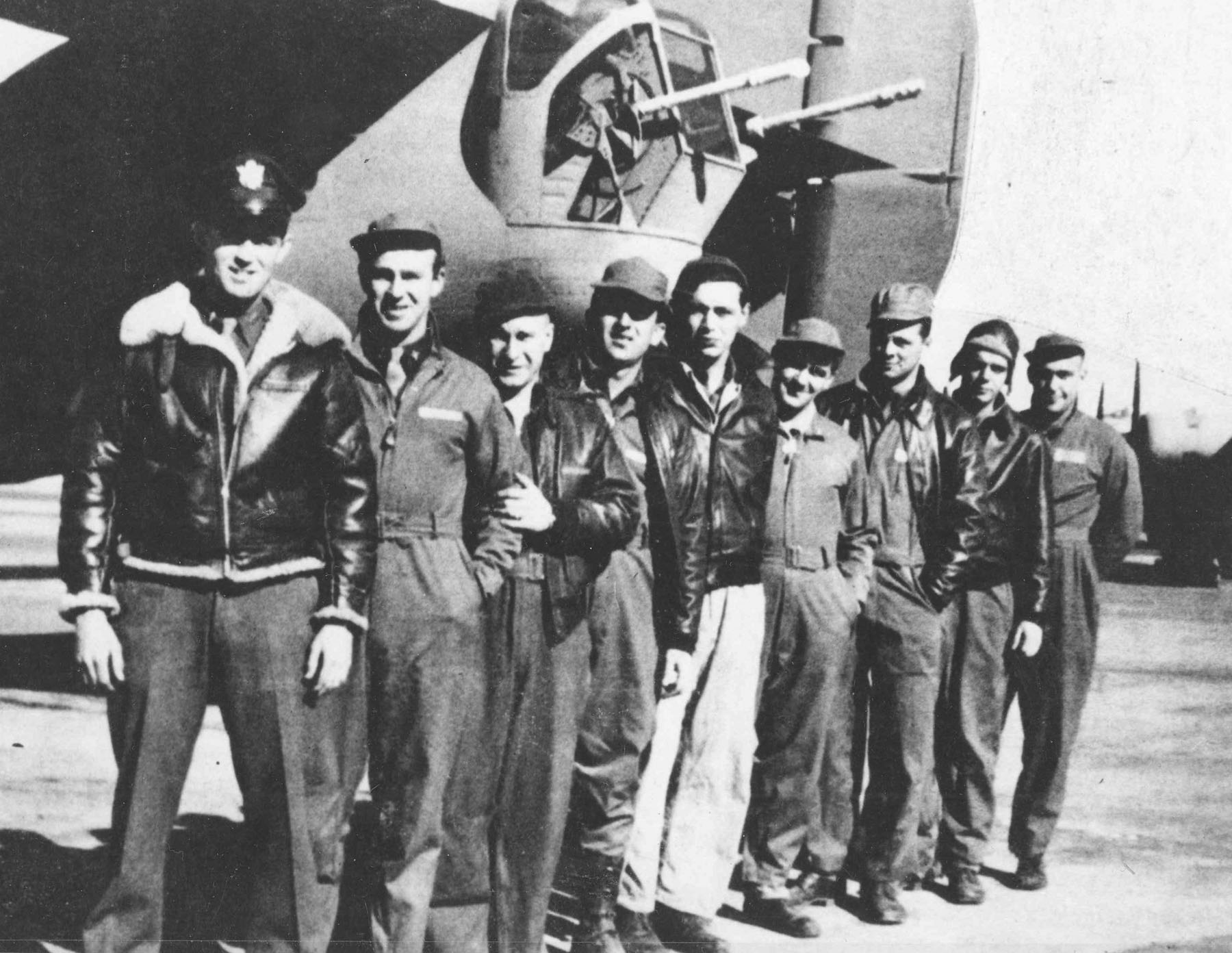 Flight crew of Lady Be Good, from the left: 1Lt. W.J. Hatton, pilot; 2Lt. R.F. Toner, copilot; 2Lt. D.P. Hays, navigator; 2Lt. J.S. Woravka, bombardier; TSgt. H.J. Ripslinger, engineer; TSgt. R.E. LaMotte, radio operator; SSgt. G.E. Shelly, gunner; SSgt. V.L. Moore, gunner; and SSgt. S.E. Adams, gunner. (U.S. Air Force)