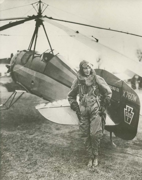 Amelia Earhart with Pitcairn Autogiro Co. PCA-2 #4, X760W, at Pitcairn Field, Warrington, Pennsylvania, 8 April 1931. (Purdue University)