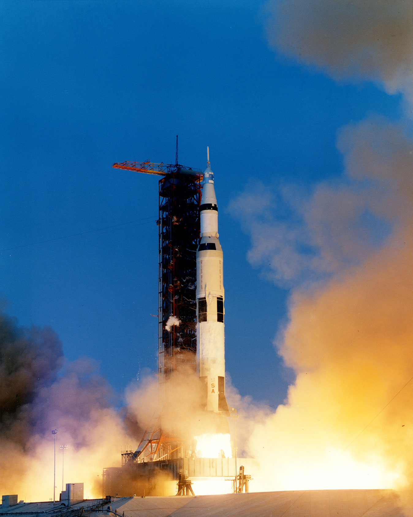 Apollo 13 (AS-508) lifts off from Launch Complex 39A at the Kennedy Space Center, Cape Canaveral, Florida, 19:13:00 UTC, 11 April 1970. (NASA)