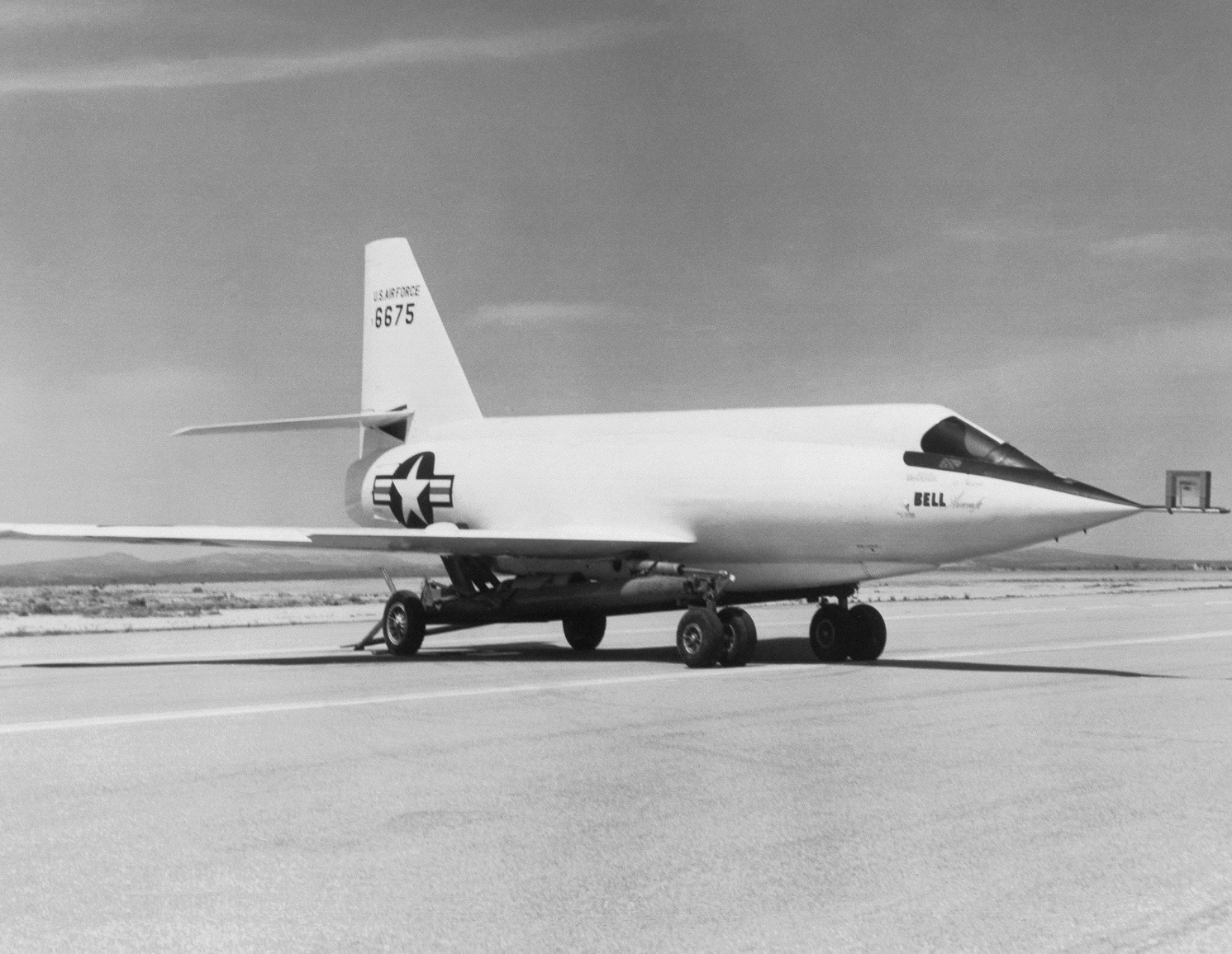 Bell X-2 46-675 on its transportation dolly at Edwards Air Force Base, california, 1952. (NASA) 