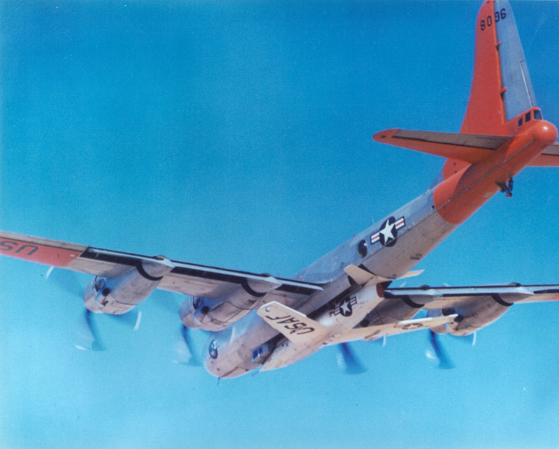 The Bell X-2 and Boeing EB-50D Superfortress in flight. (U.S. Air Force)