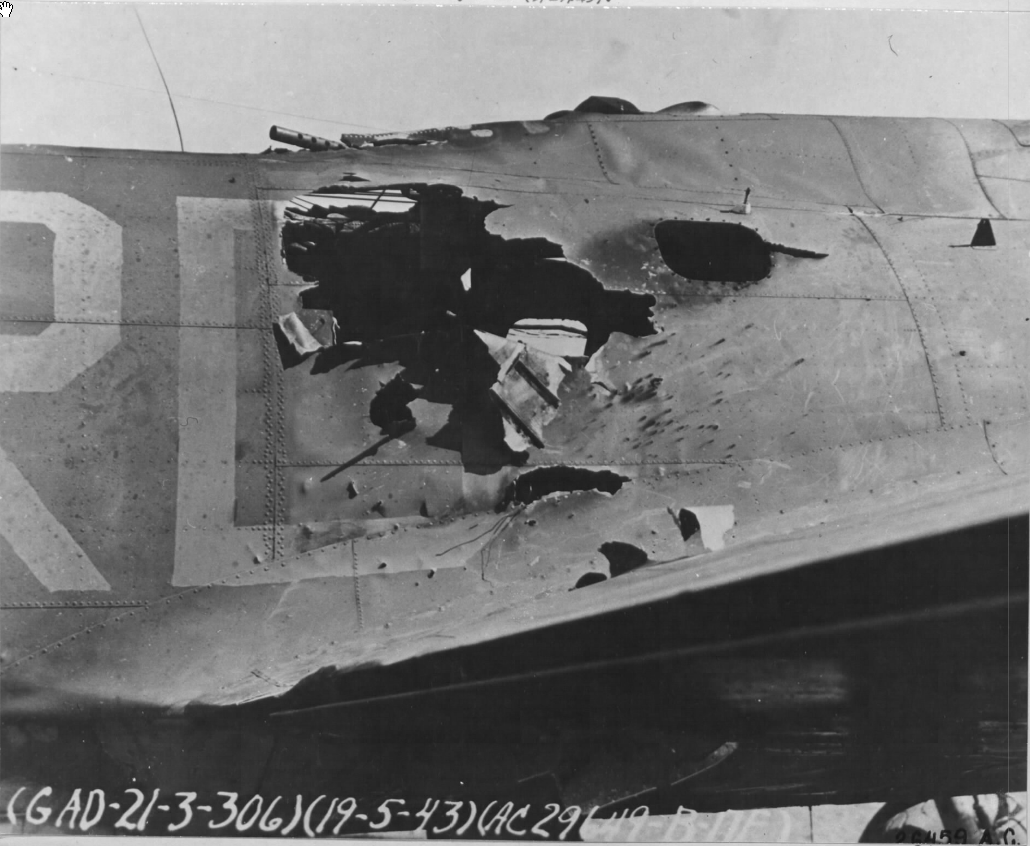Battle damage to the radio operator's compartment of Boeing B-17F-65-BO 42-29649. The bomber was salvaged 3 May 1943. (U.S. Air Force)