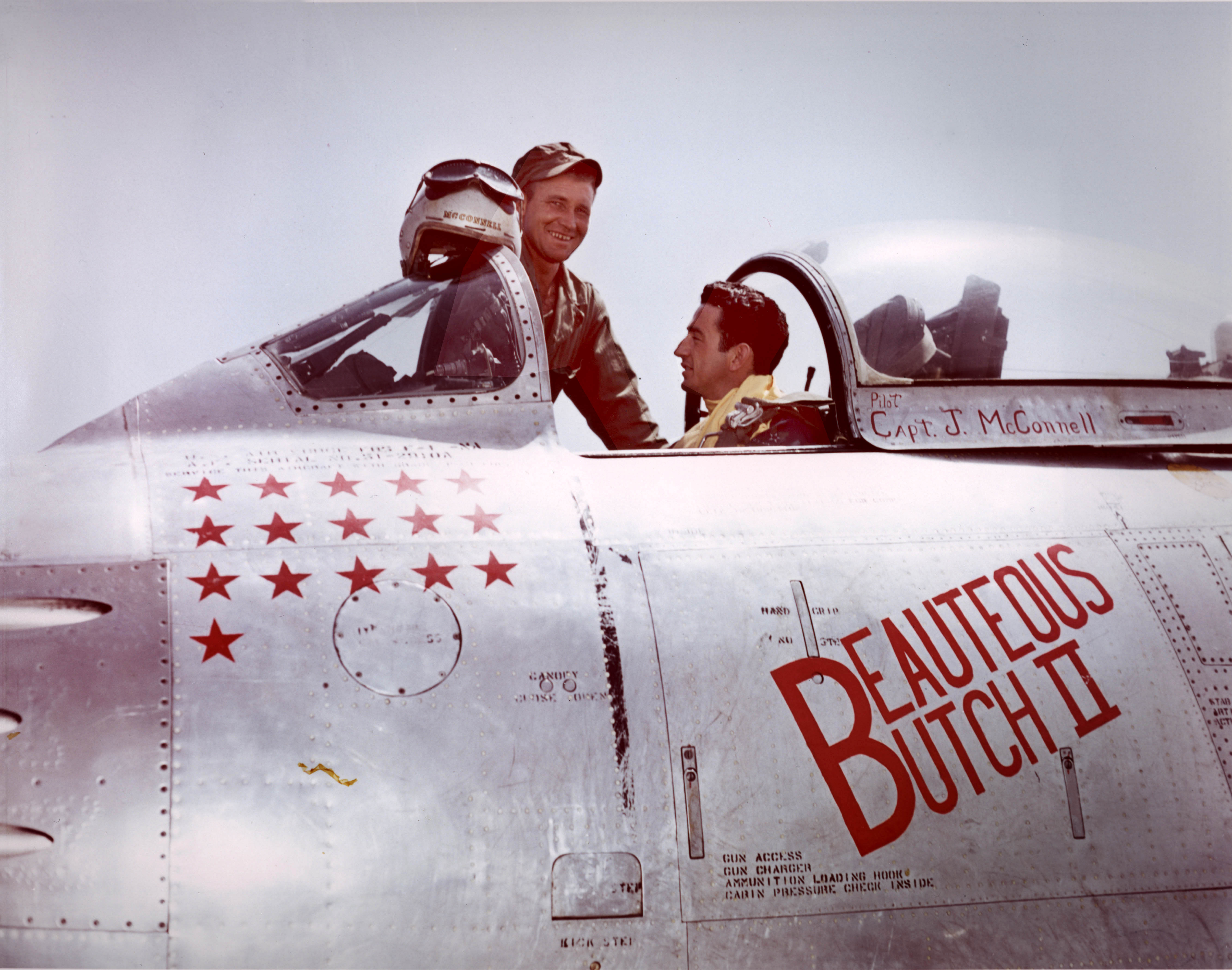 Captain McConnell in teh cockpit of Beauteous Butch II after his final combat mission, 18 May 1953. The airplane is McConnell's third Sabre, F-86F-1-NA 51-2910. (U.S. Air Force)